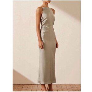 Shona Joy Luxe High‎ Neck Ruched Midi Slip Dress Size US 14 Eucalyptus Satin